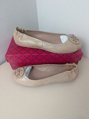 Tory Burch $228 Minnie Travel Ballet Flats Snake Embossed MANY SIZES Meadowsweet
